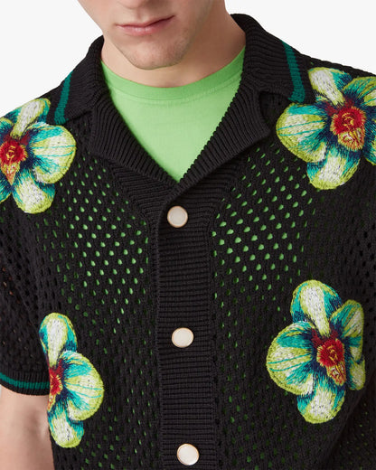 Glitch Orchid Embroidered Short Sleeve Crochet Shirt