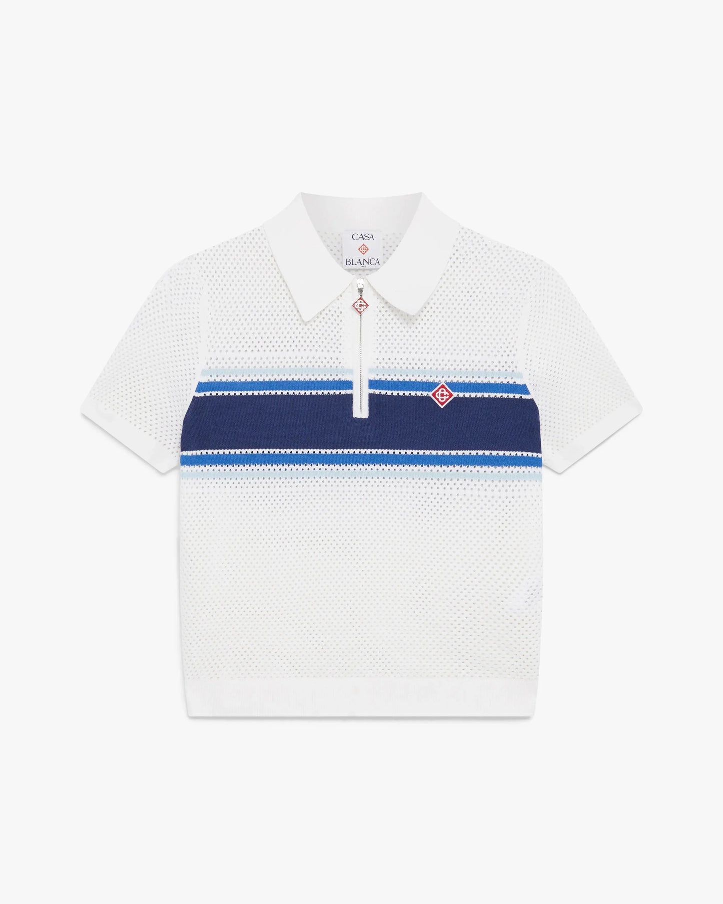 White & Blue Striped Mesh Polo Shirt
