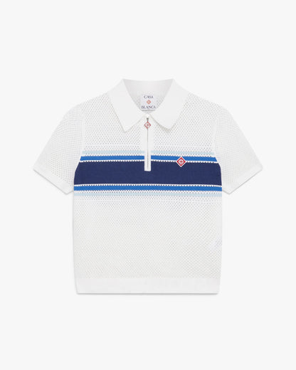 White & Blue Striped Mesh Polo Shirt