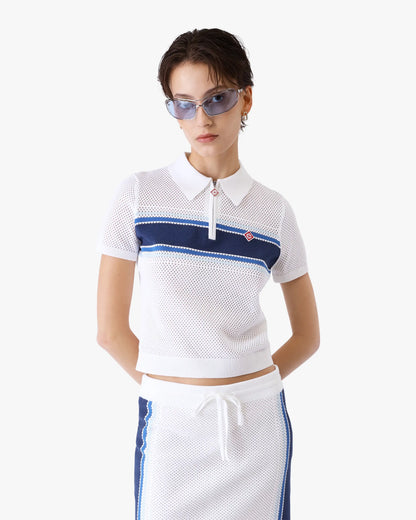 White & Blue Striped Mesh Polo Shirt