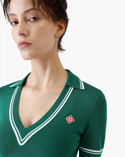 Green Cropped Knit Polo Shirt